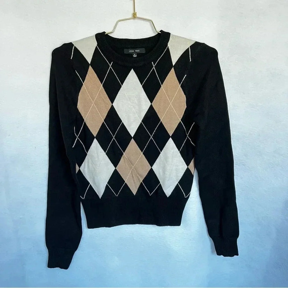 Argyle Pattern Crewneck Sweater Long Sleeve Black Multicolor Stretchy Material - Picture 1 of 7